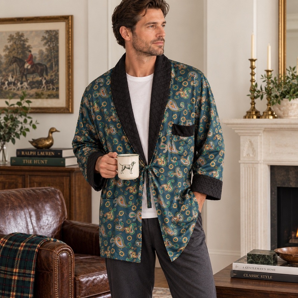 Silk Paisley Robe Smoking Jacket Mens OS Teal Quilted Shawl Collar Old Money